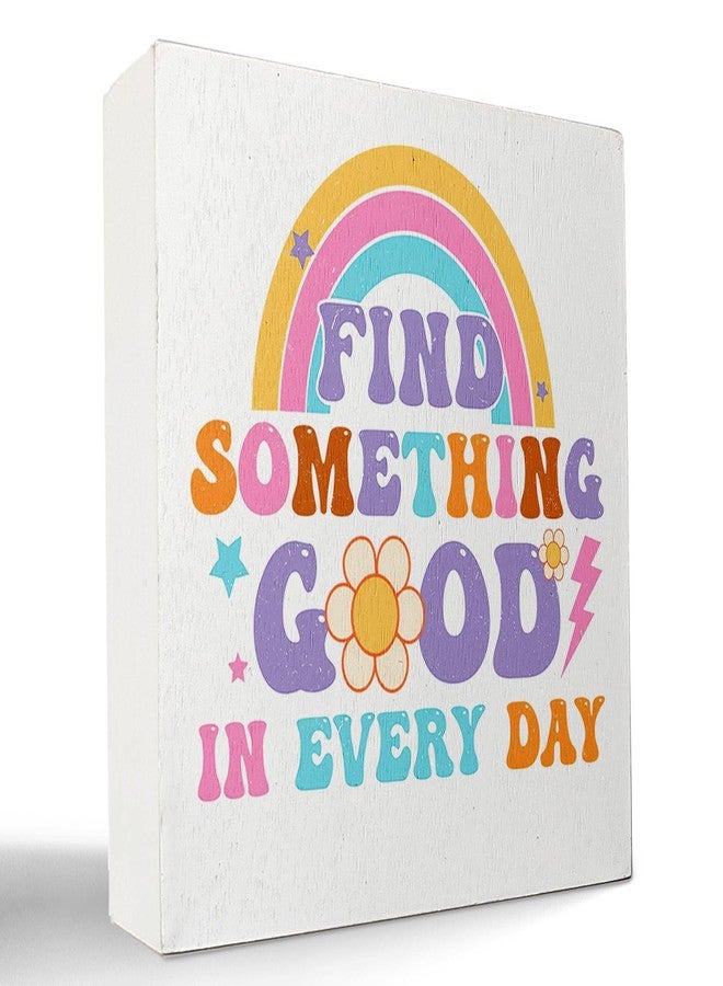 kunlisa Groovy Find Something Good in Every Day Retro Flower Rainbow Wooden Box Sign Desk Decor,Positive Quote Wood Block Plaque Box Sign for Home Girls Room Dorm Wall Shelf Tabletop Decoration - Image 1